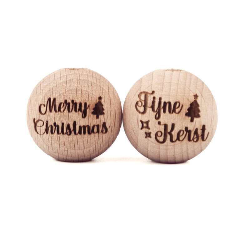 Houten kraal - Gegraveerd - Beukenhout -  20 mm - Fijne Kerst / Merry Christmas