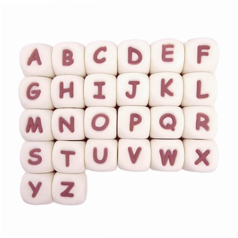 Siliconen Letterkralen - Kokos/Dark Rose - 12 mm - Vierkant - Hele Alfabet - Set 26 stuks A-Z