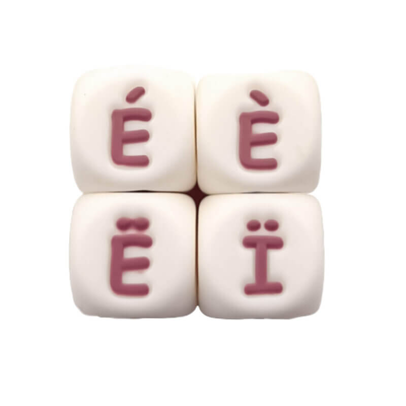 Silikon-Buchstabenperlen - Coconut / Dark Rose - 12 mm - Sonderbuchstaben / Buchstabenzeichen - Pro Stück