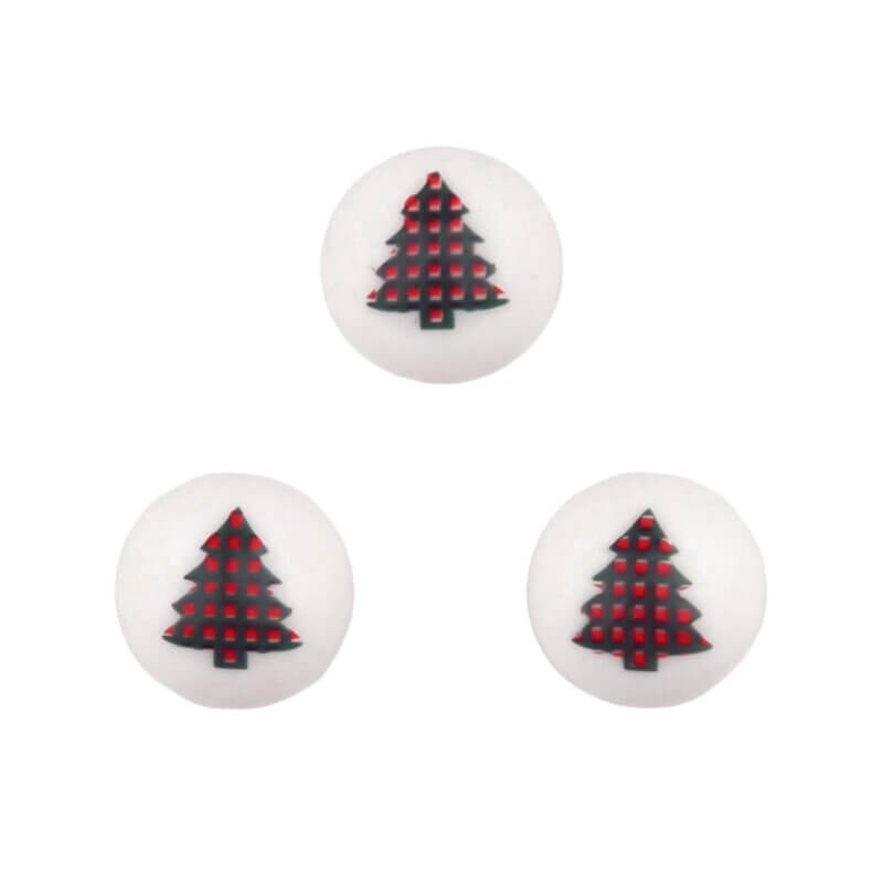 Perles en silicone 16 mm - rondes - sapin de Noël imprimé sur blanc