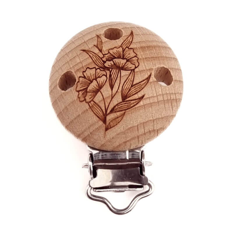 Gravierte Schnullerclips aus Holz - EN12586 - Mohn