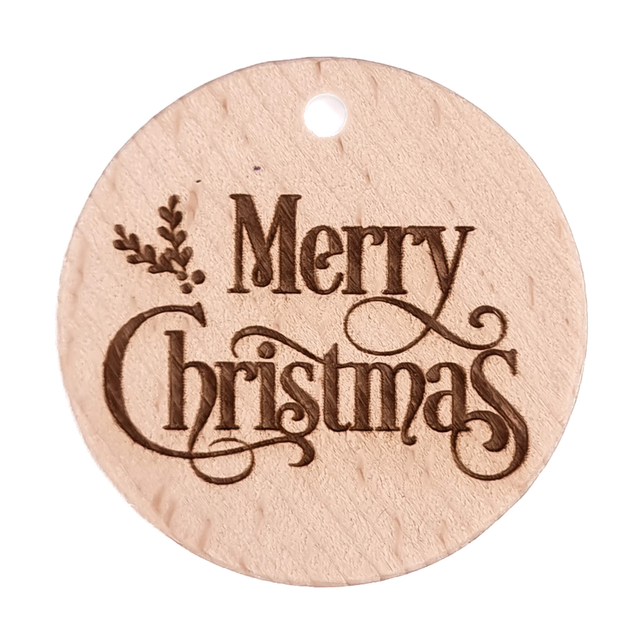 20231210_132206 Beukenhout Schijfje - Gegraveerd - Merry Christmas 4 - 36 mm - Afbeelding 1