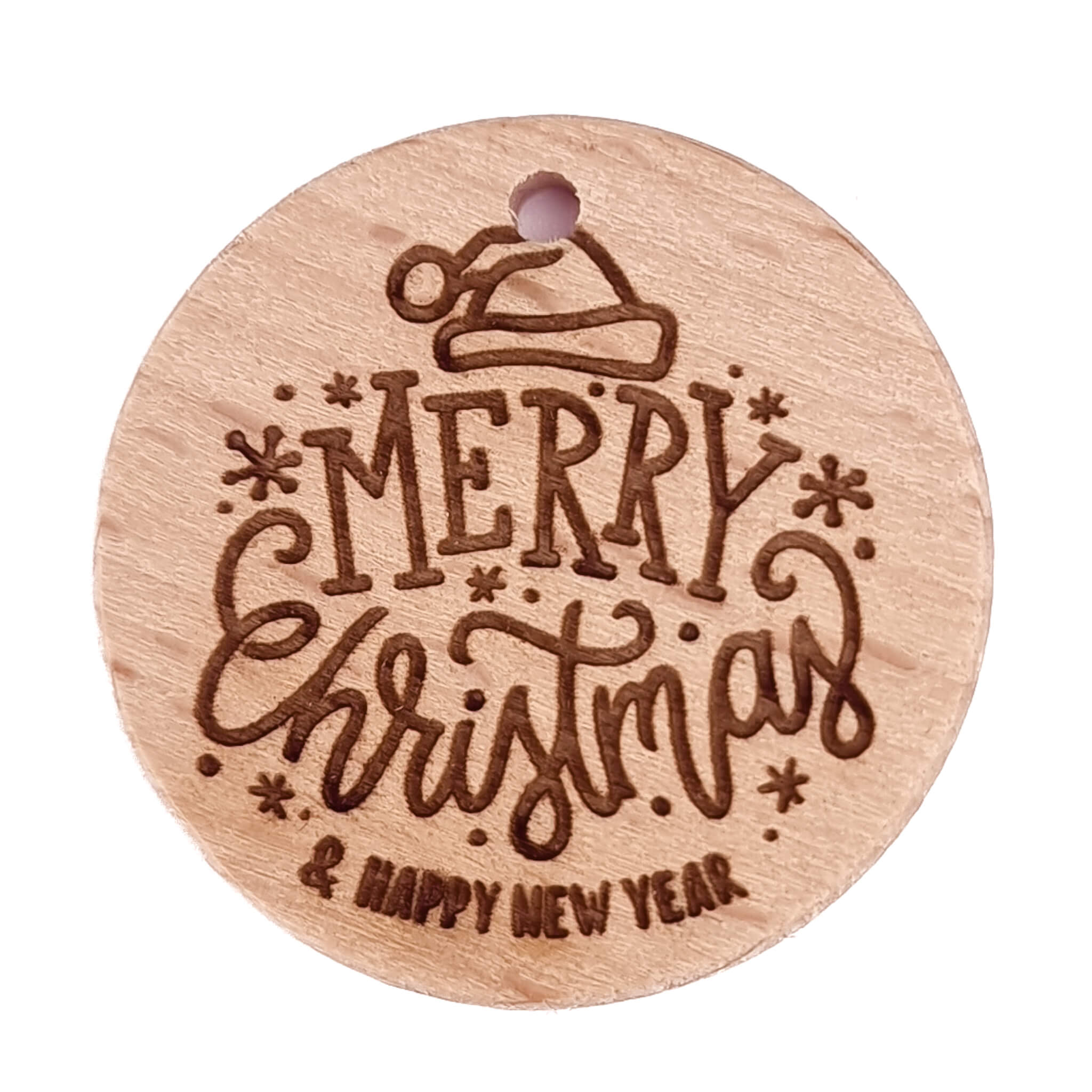 20231210_132242 Beukenhout Schijfje - Gegraveerd - Merry Christmas 1 - 36 mm - Afbeelding 1