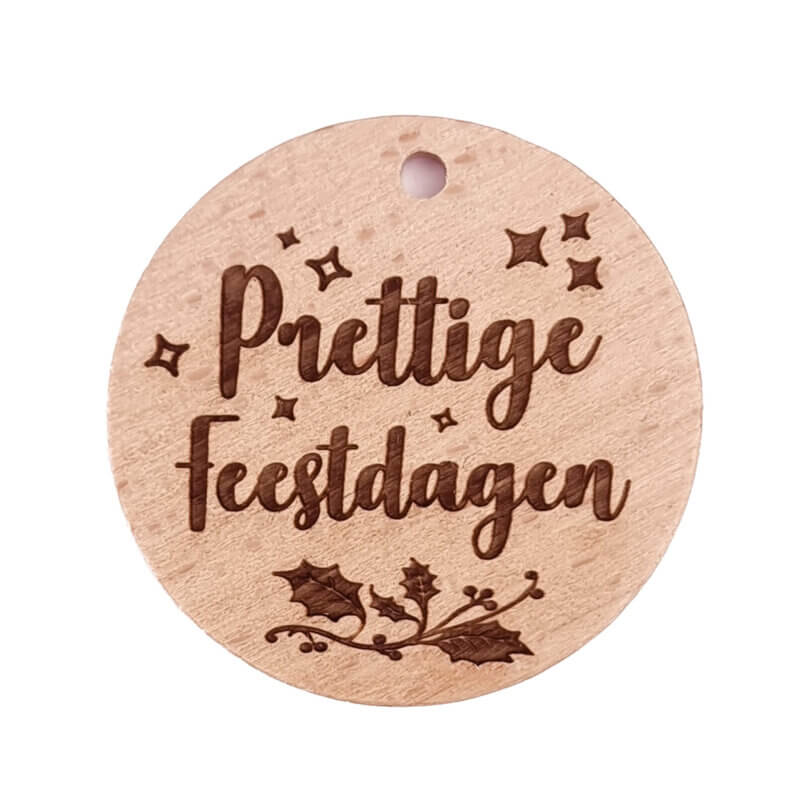 Beukenhout Schijfje - Gegraveerd - Prettige Feestdagen - 36 mm