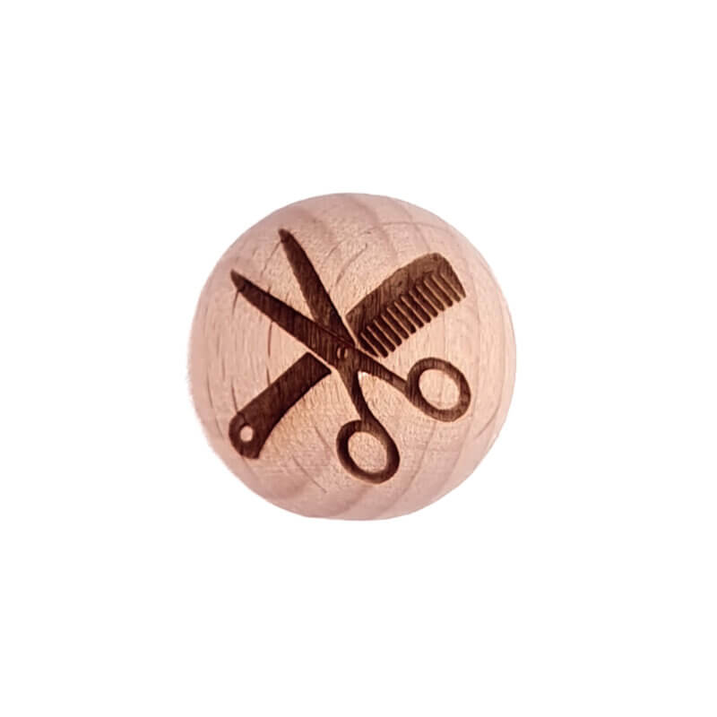 Perle en bois - Gravée - Bois de hêtre - Barbier/Chambre/Ciseaux - 20mm