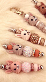 Silikon Perlen Kaninchen Schlüsselanhänger Ostern Anhänger Boho Creme