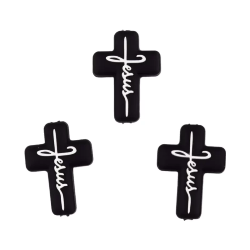 Siliconen kraal - Zwart Kruis - met tekst Jezus