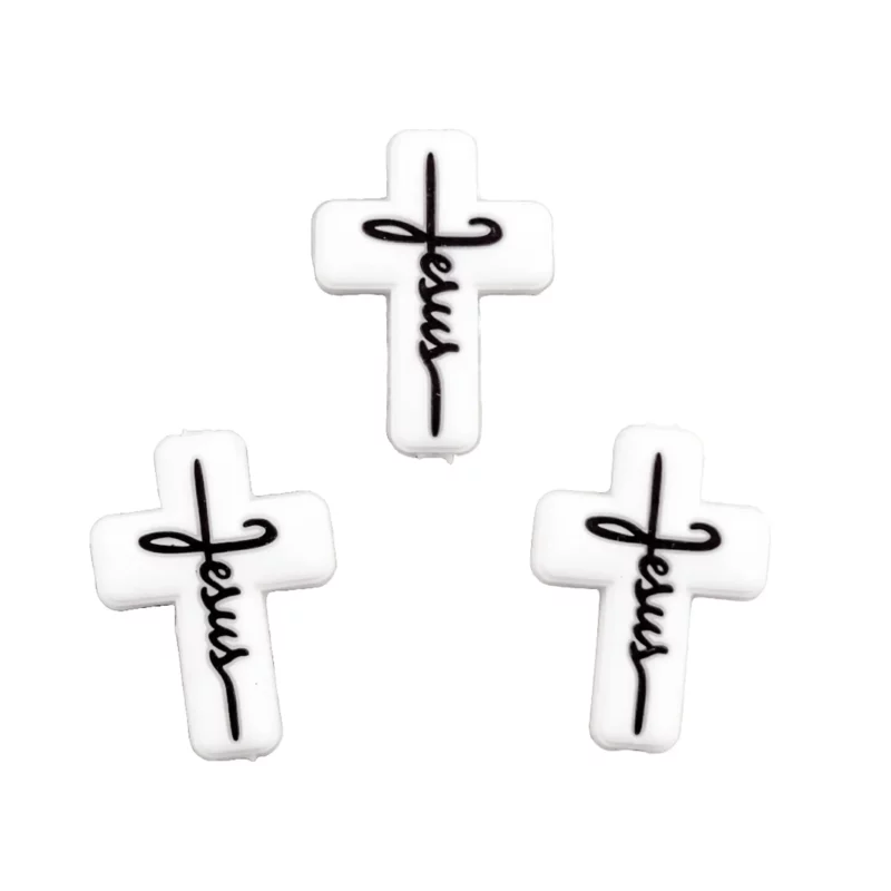 Siliconen kraal - Wit Kruis - met tekst Jezus