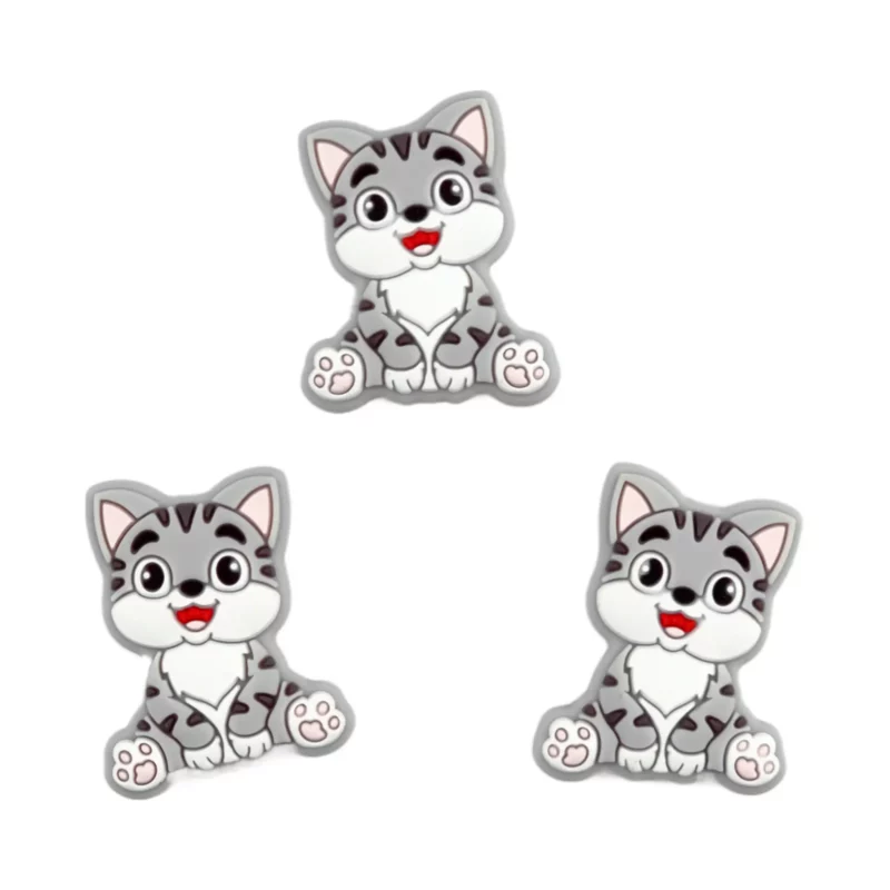 Perle de silicone - Chat joyeux - Gris clair