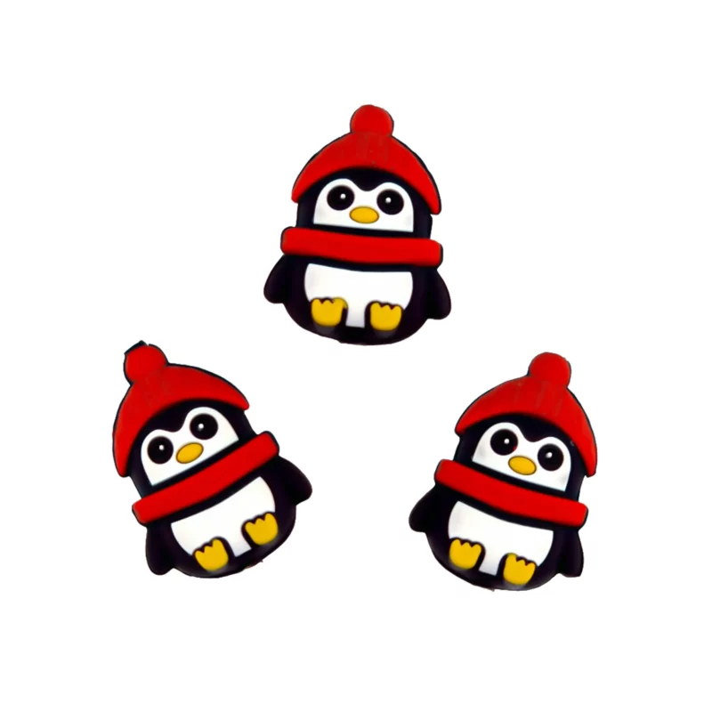 Perle de silicone - 3D - Pingouin avec écharpe et chapeau rouges