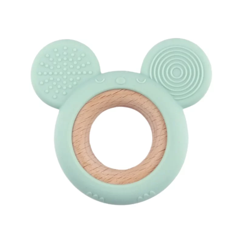 Spielfigur zum Zahnen - Silikon und Holz - Maus - Greyed Mint