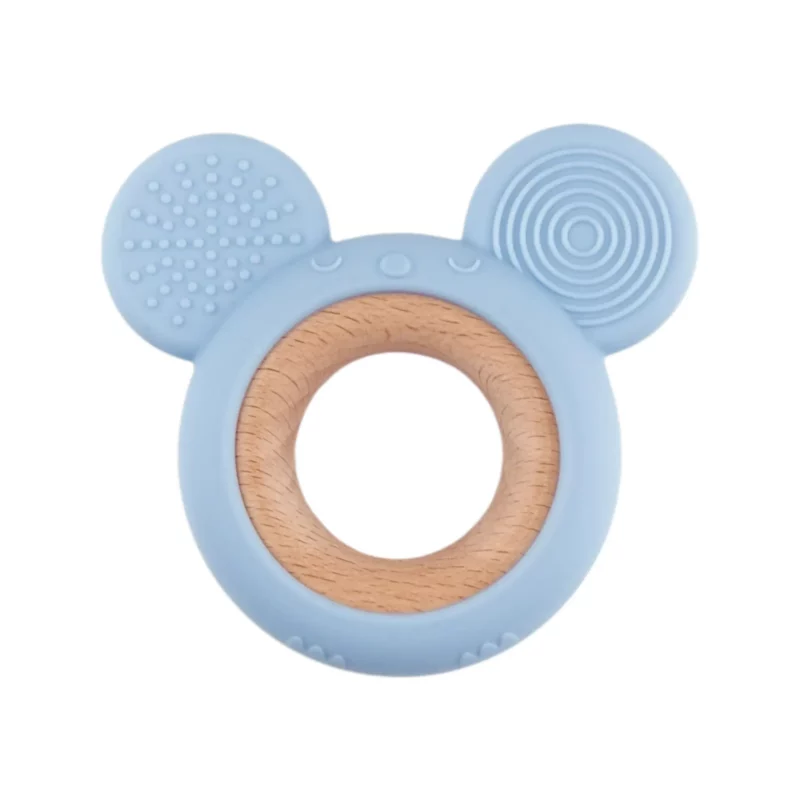 Spielfigur zum Zahnen - Silikon und Holz - Maus - Hellgrau Petrol