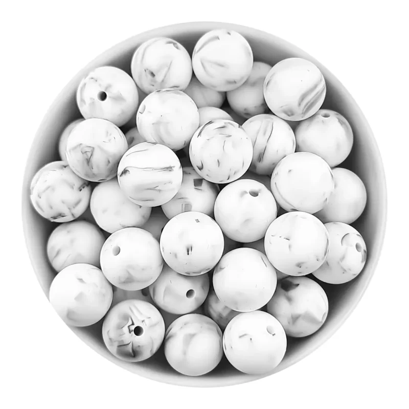Silikonperlen 9 mm - Rund - Marmor Schwarz Weiß