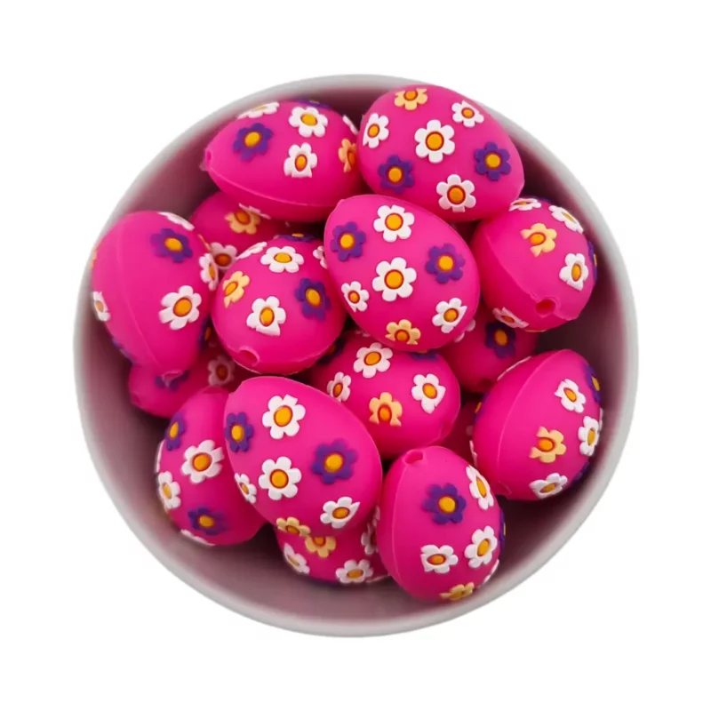 Perle en silicone - 3D - Œuf de Pâques - Fuchsia