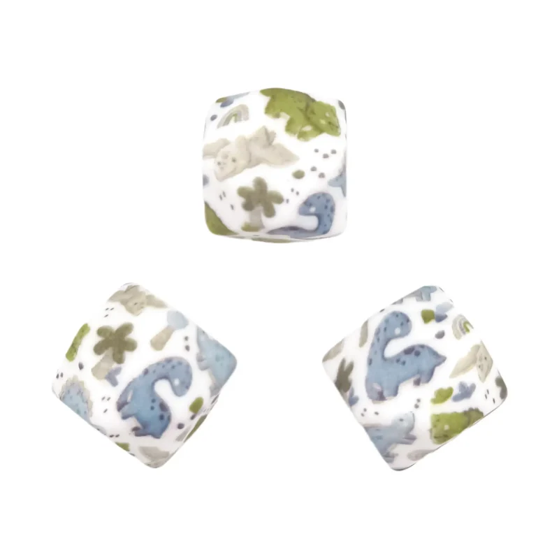 Silikonperlen - 14 mm - Sechseck - Dino-Druck