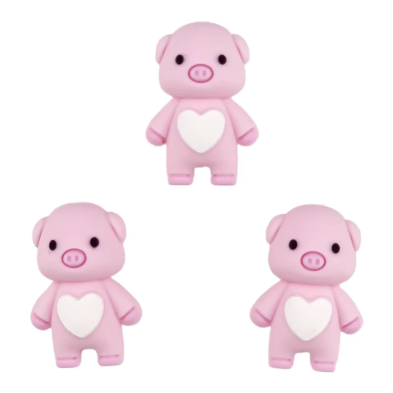 Siliconen  Kraal - 3D Varkentje met Hartje - Zacht Roze / Wit