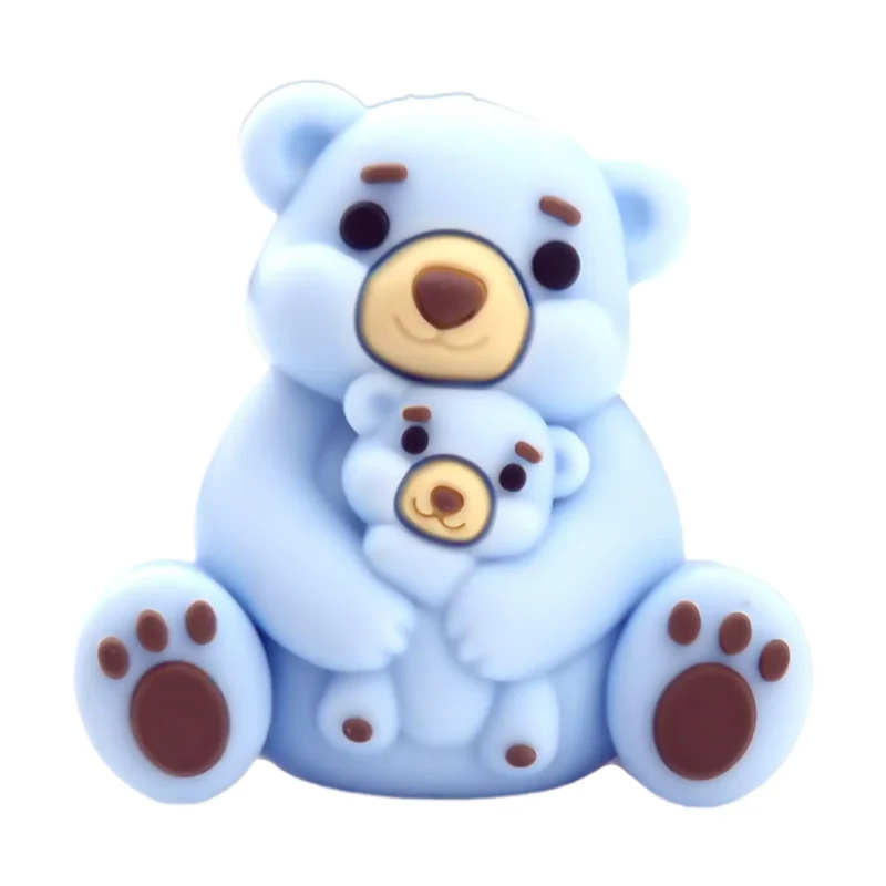 Silikonperle - 3D - Bär - Mutter und Kind - Helles Puderblau