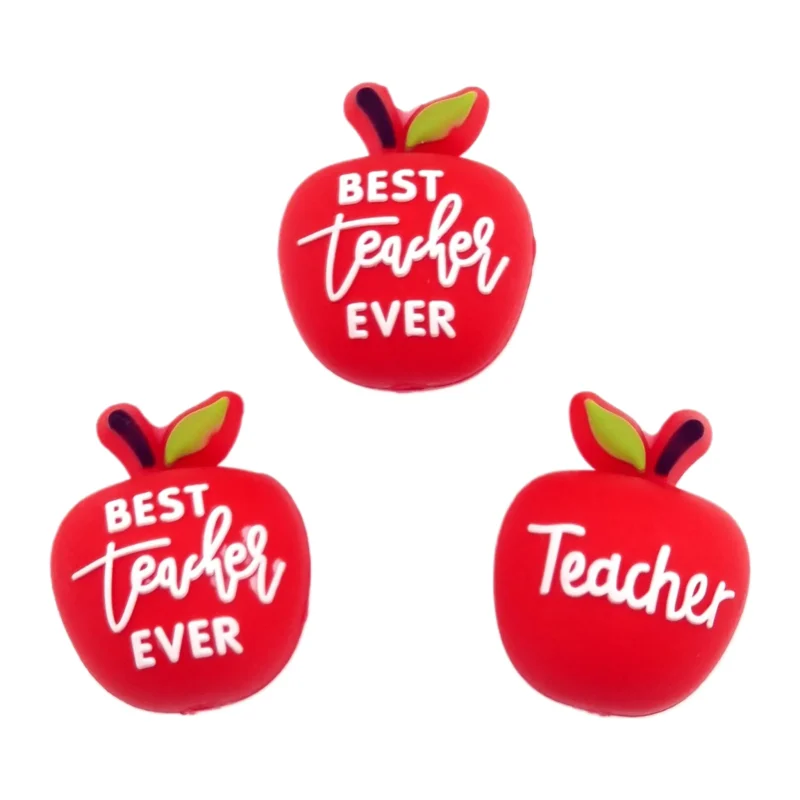 Siliconen Kraal - 3D - Appel - Best Teacher Ever - Brandweer Rood