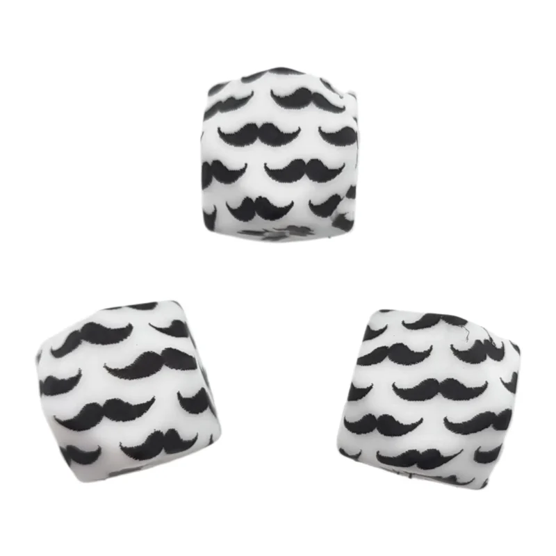 Siliconen Kralen - 14 mm - Hexagon - Zwarte Snor Op Wit