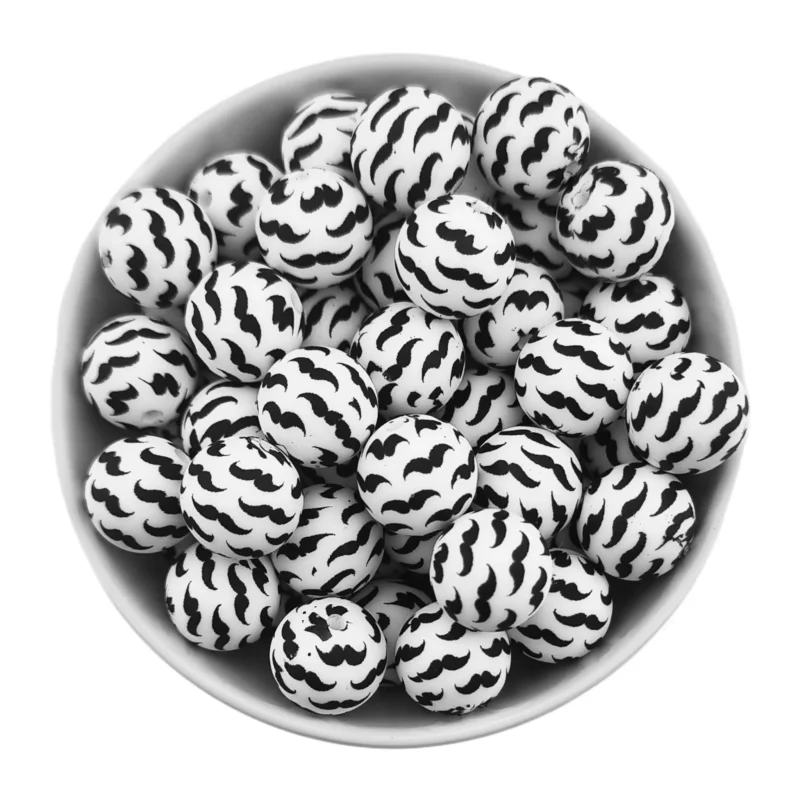 Siliconen Kralen - 12 mm - Rond - Zwarte Snor op wit