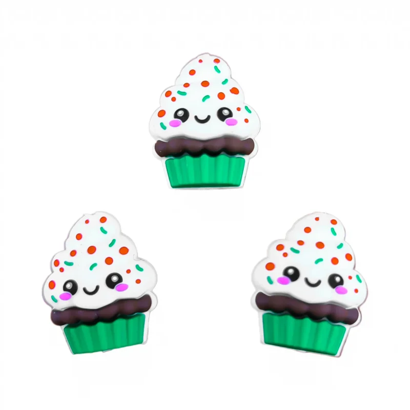 Perles en silicone - 3D - Cupcakes - Blanc et vert