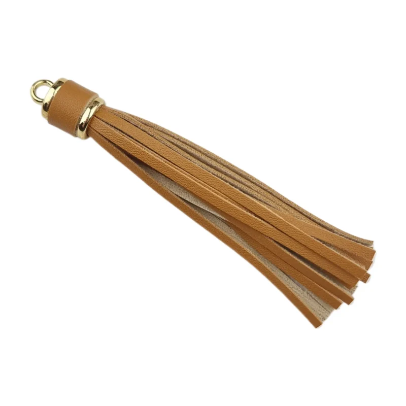 porte-cl&eacute;s pompon - 100 x 14 mm - Caramel / Or
