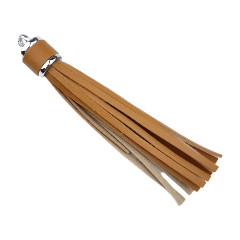 porte-cl&eacute;s pompon - 100 x 14 mm - Caramel / Argent