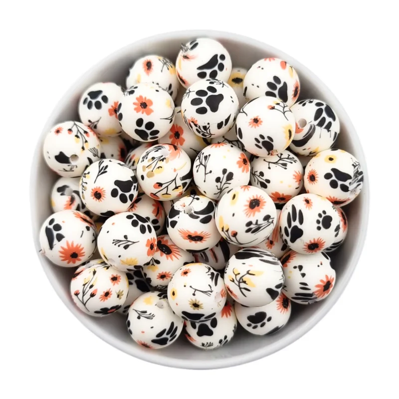 Perles en silicone - 12 mm - Rond  - Paws And Petals Motif