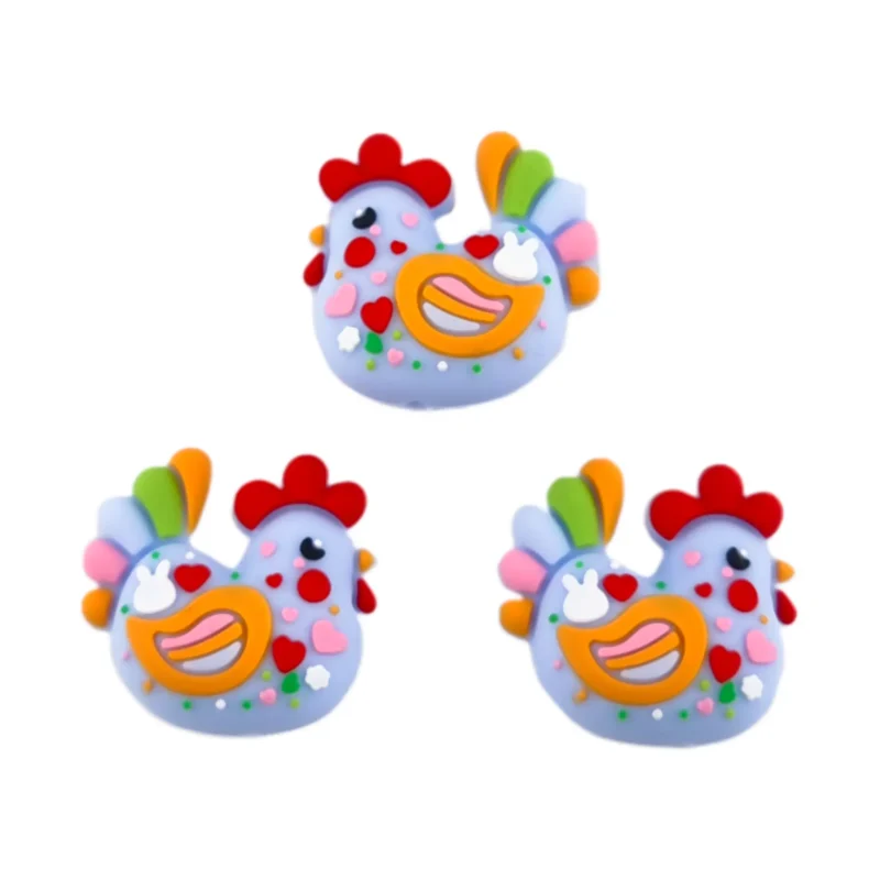 perles en silicone - 3D - Poulet - Multicolore - Bleu poudr&eacute; clair