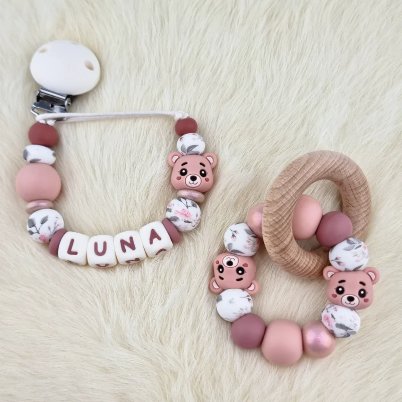 Combo Set - Attache-t&eacute;tine / Anneau de dentition - Blush Bear