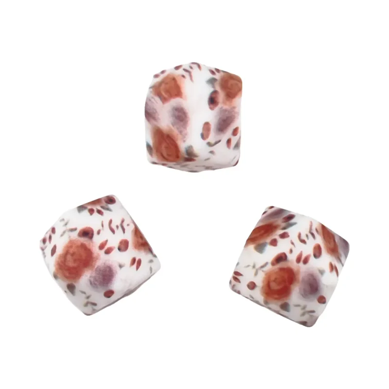 perles en silicone - 14 mm - hexagone - roses auburn - Blanc motif