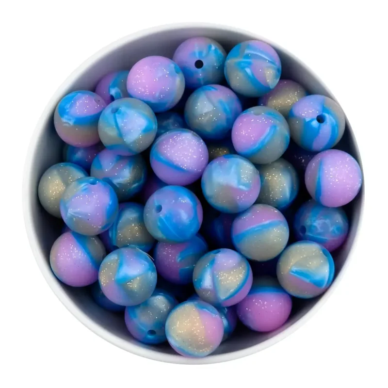 perles en silicone - 16 mm - Rond - Marble - Bleu ciel / Phlox