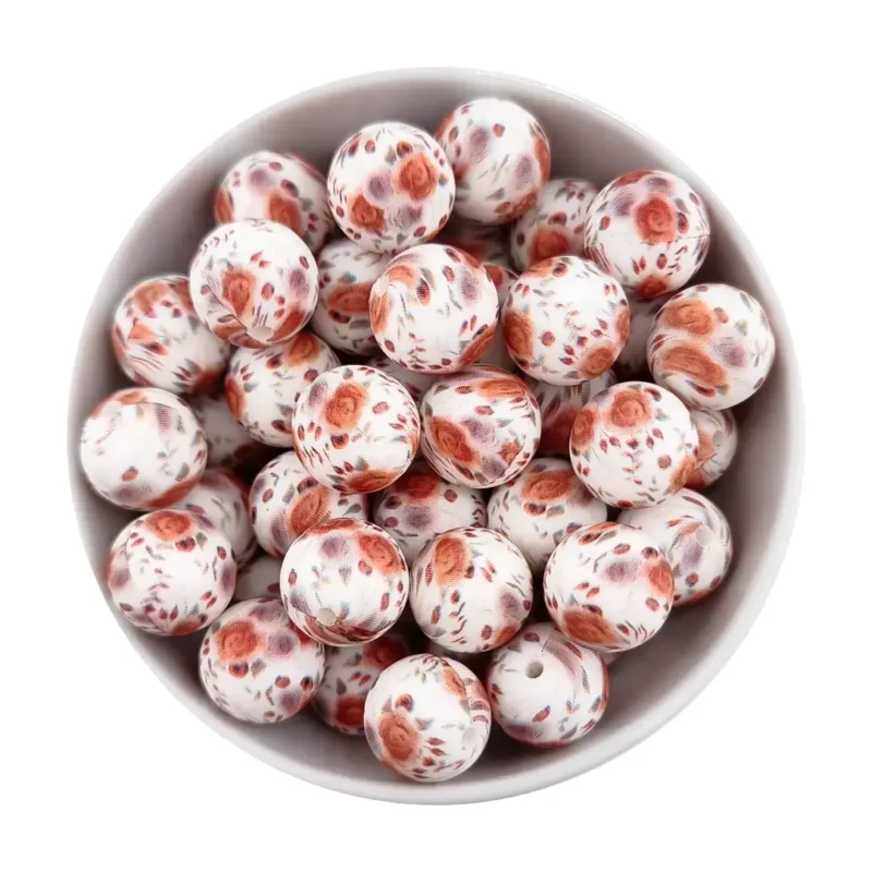 perles en silicone - 12 mm - Rond - roses auburn - Blanc motif