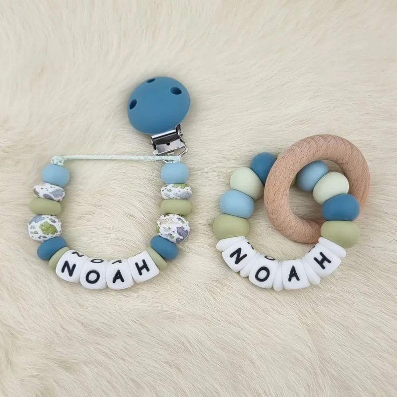 Kombi Set - Schnullerkette / Bei&szlig;ring - Dino Print mit Gedecktes Benzin